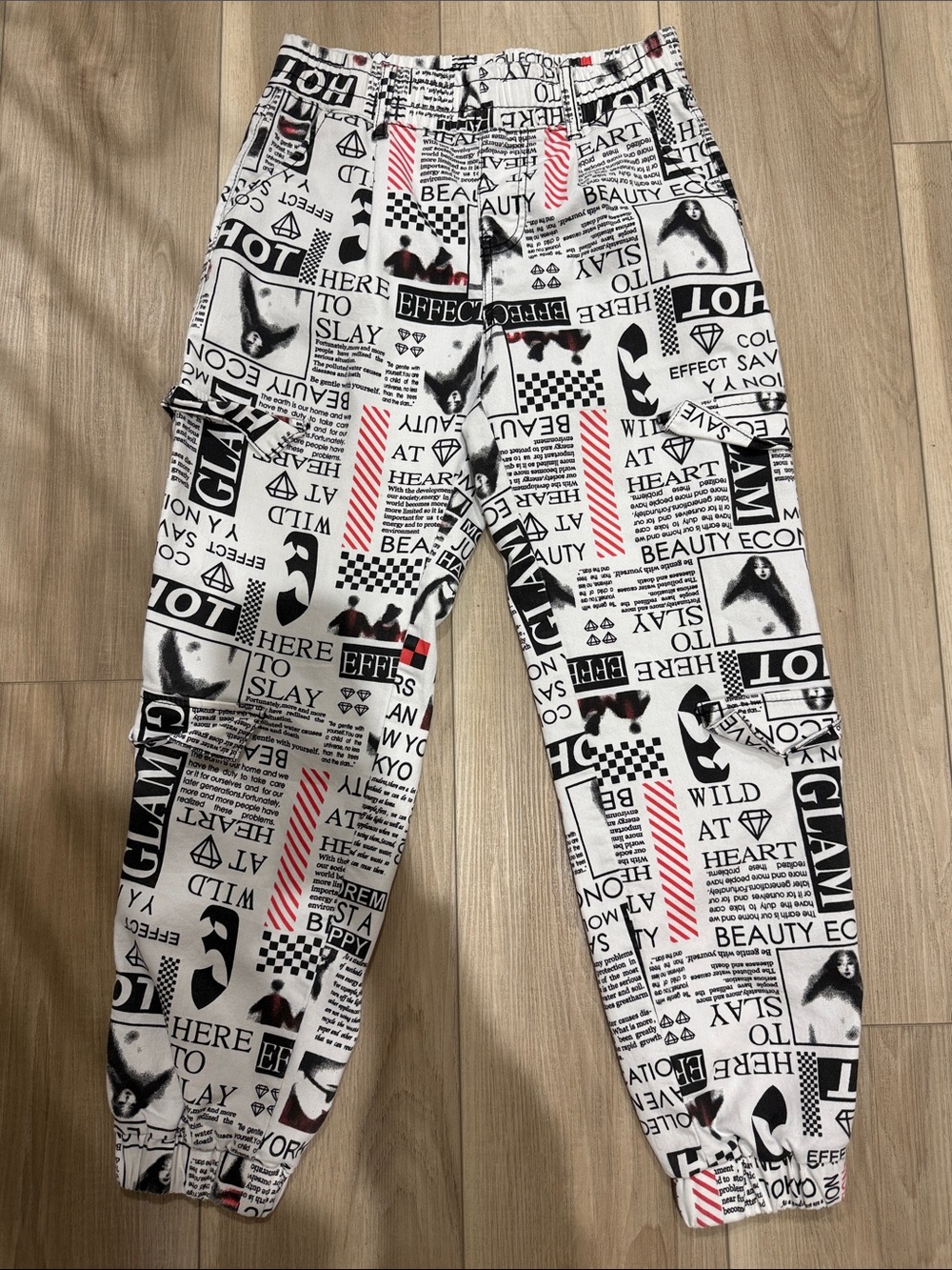 Kids Graphic Newspaper Print Jogger Pants - Black & White with Red Accents